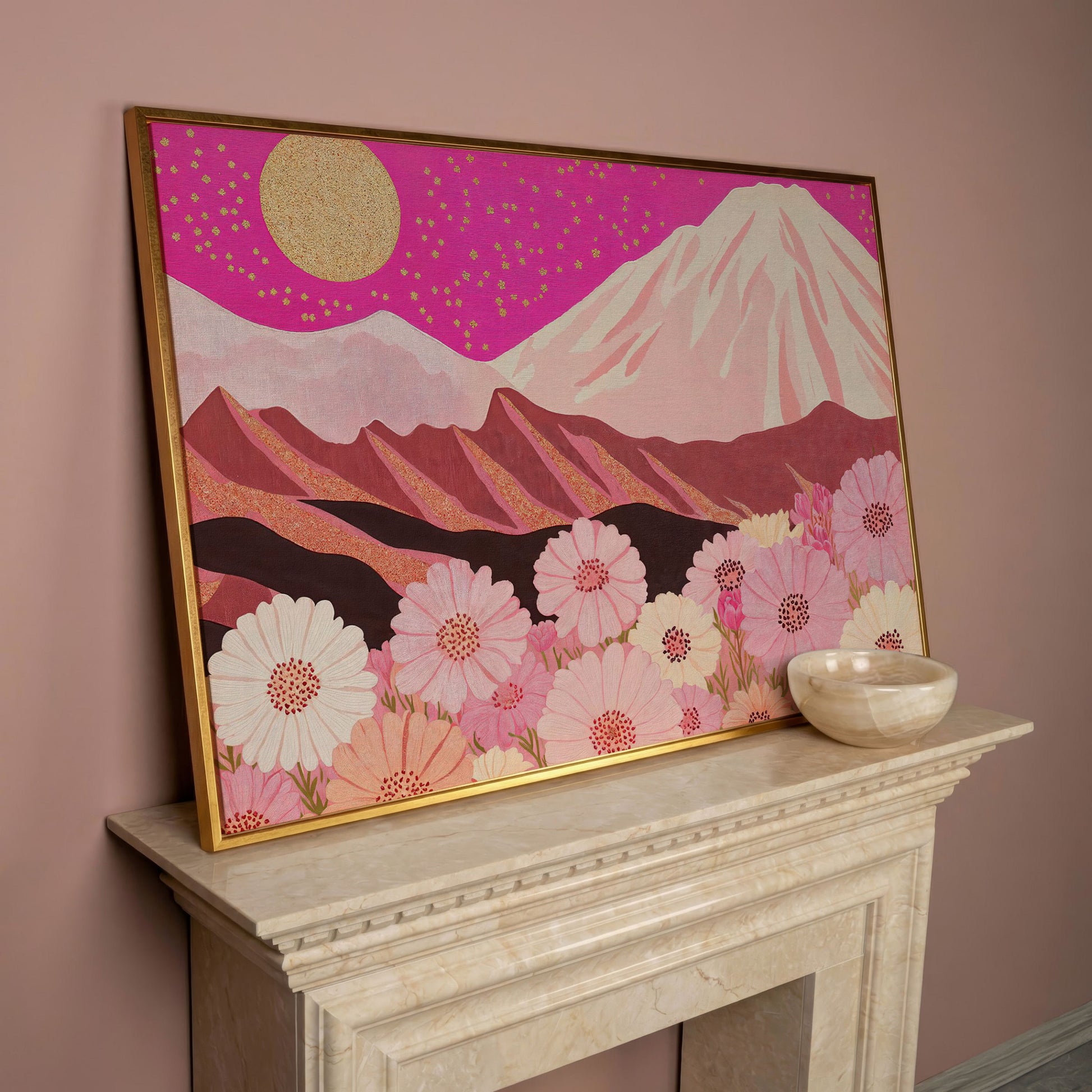 Majestic Mountains and Floral Fields Canvas Print in rose gold floating frame