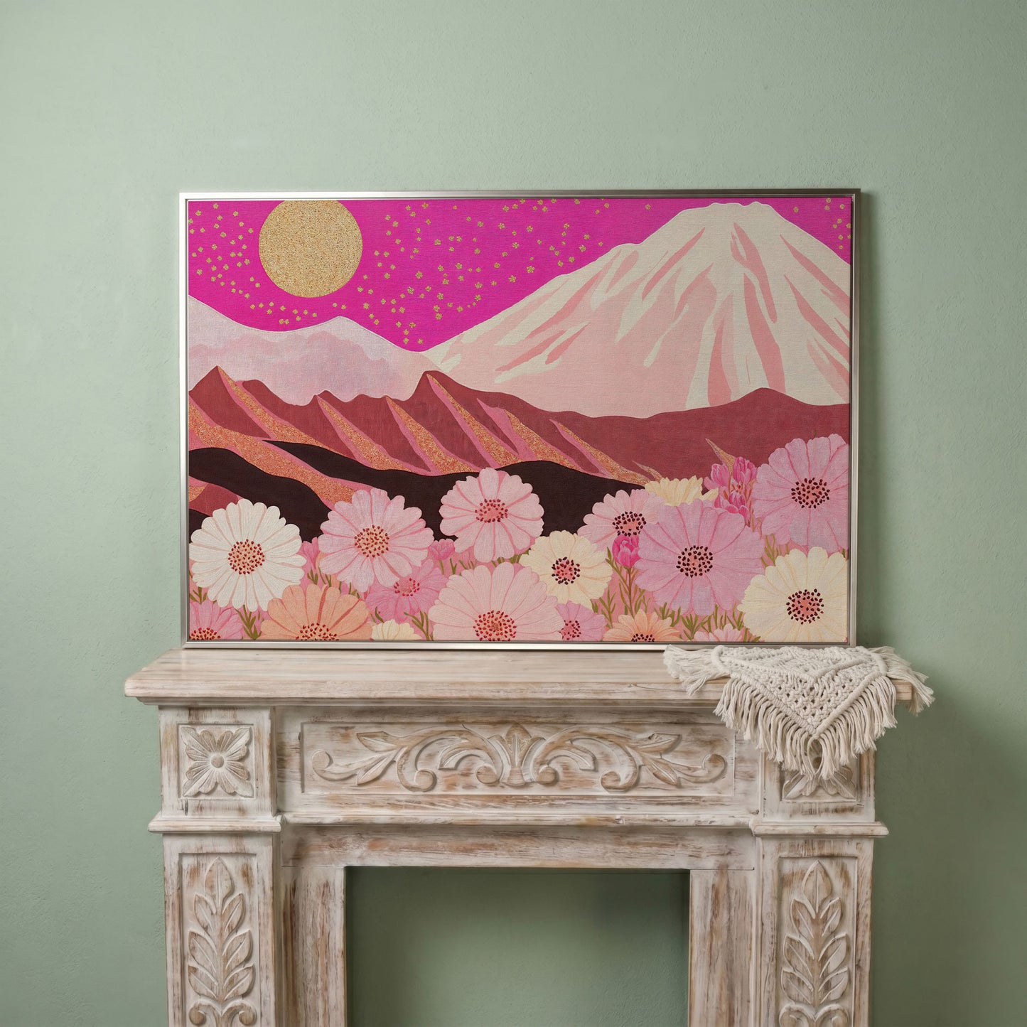 Majestic Mountains and Floral Fields Canvas Print in silver floating frame