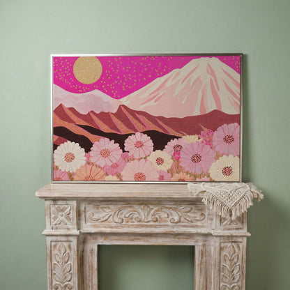Majestic Mountains and Floral Fields Canvas Print in silver floating frame