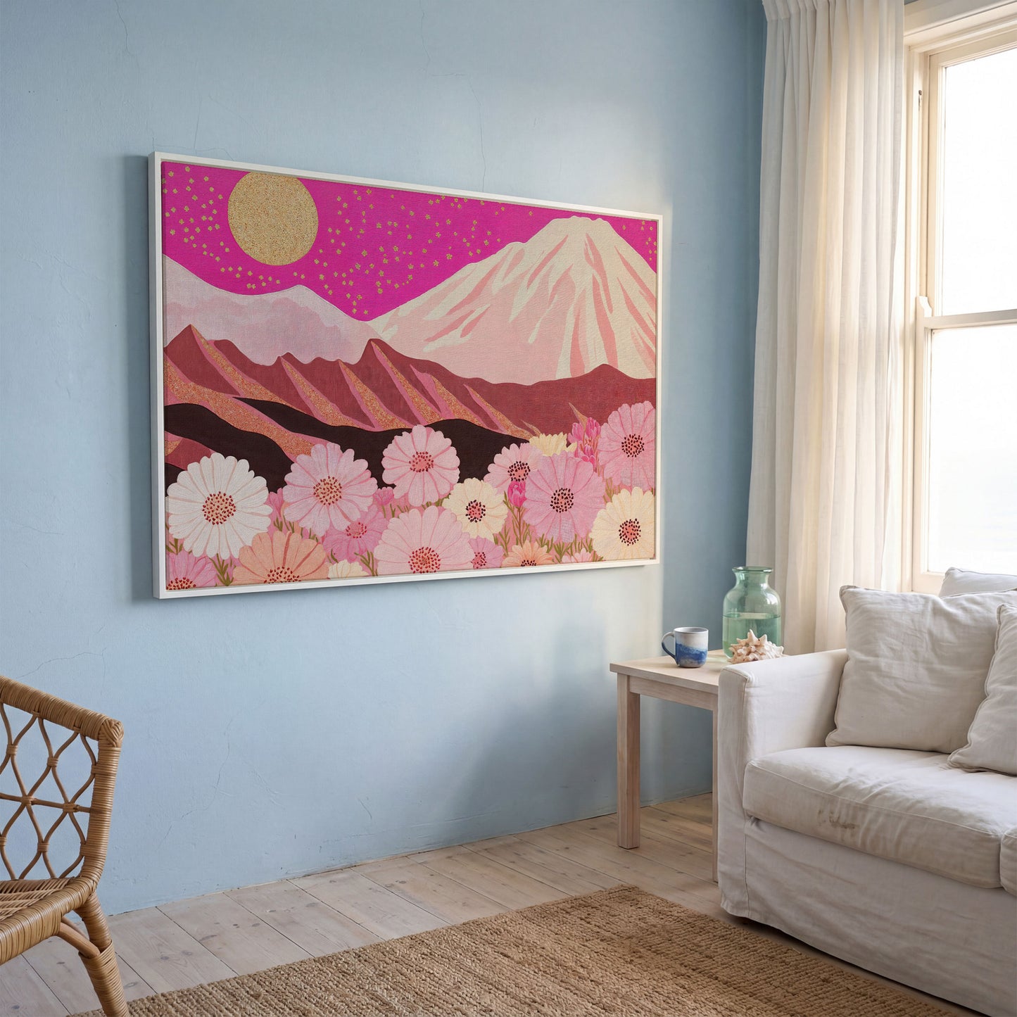Majestic Mountains and Floral Fields Canvas Print in white floating frame