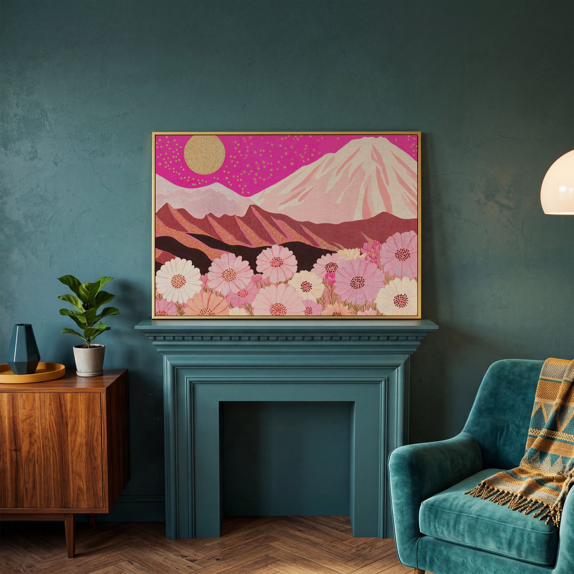 Majestic Mountains and Floral Fields Canvas Print in yellow gold floating frame