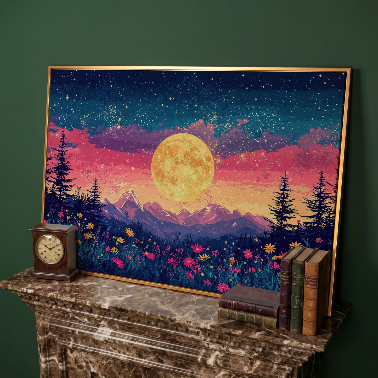 Mystical Nature Under Starry Sky Canvas Print in antique gold floating frame