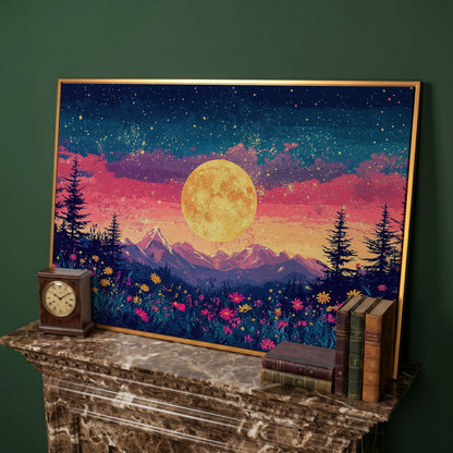 Mystical Nature Under Starry Sky Canvas Print in antique gold floating frame