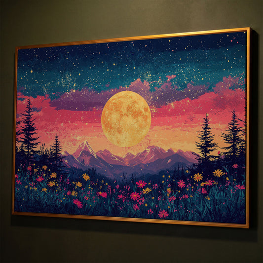 Mystical Nature Under Starry Sky Canvas Print shown in antique gold floating frame