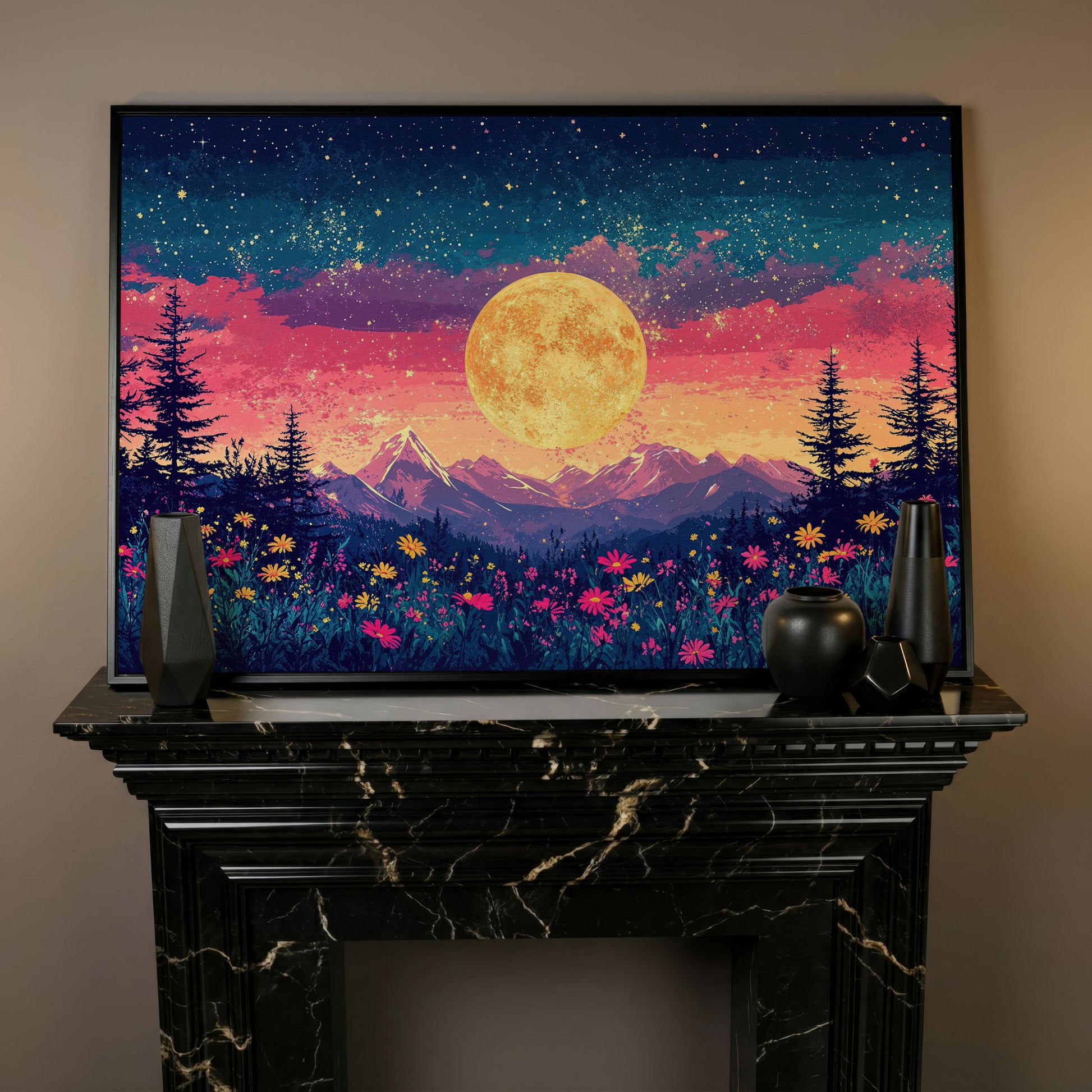 Mystical Nature Under Starry Sky Canvas Print in black floating frame