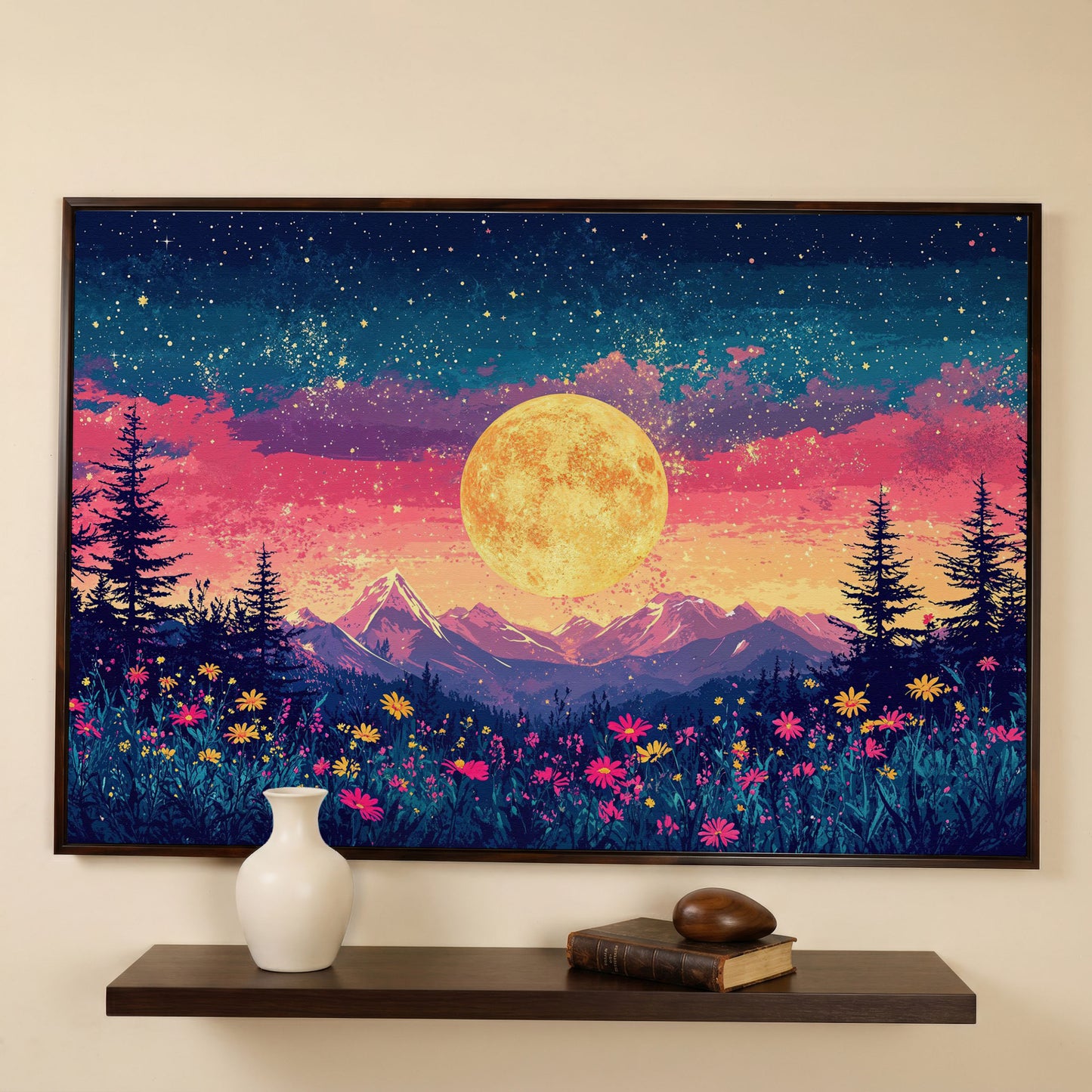 Mystical Nature Under Starry Sky Canvas Print in dark walnut floating frame