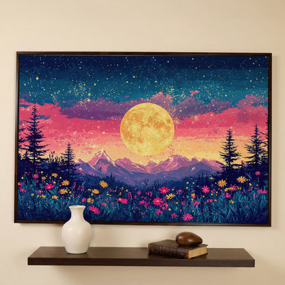 Mystical Nature Under Starry Sky Canvas Print in dark walnut floating frame