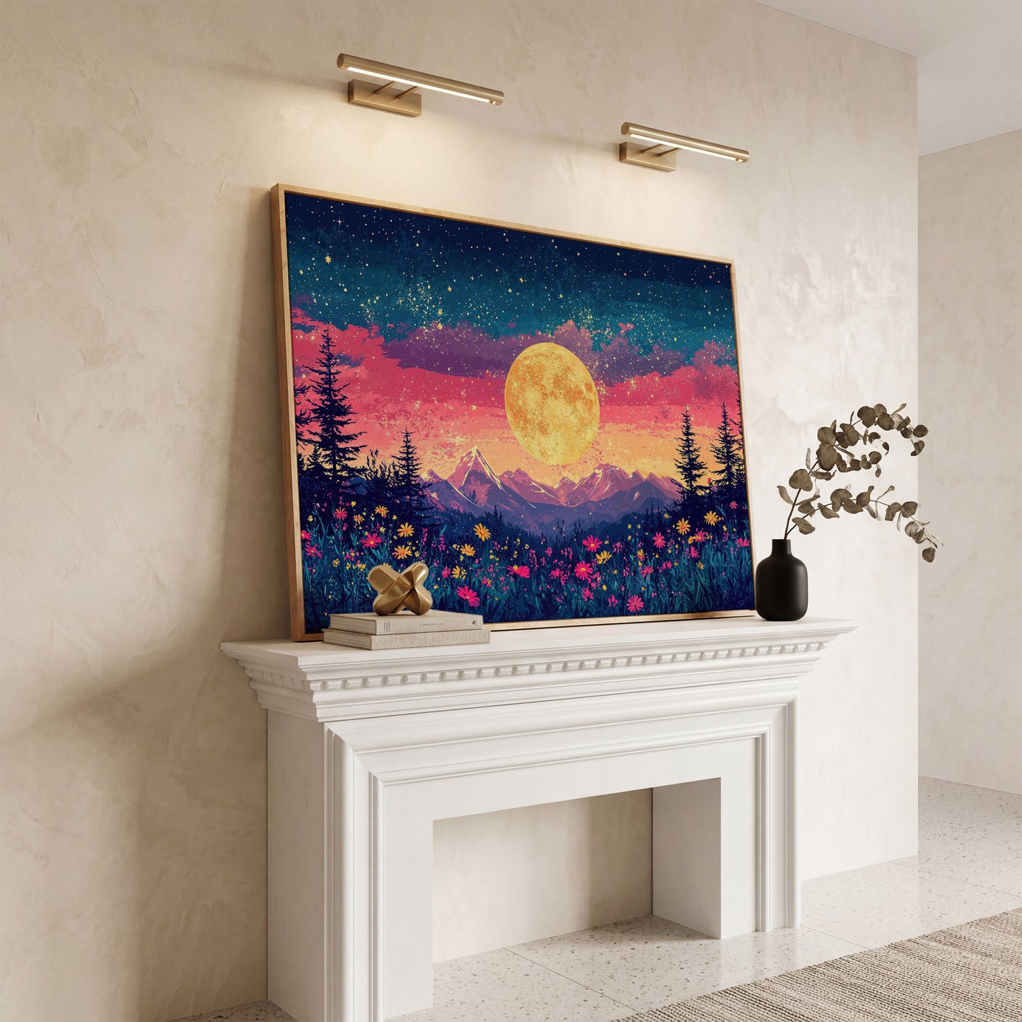 Mystical Nature Under Starry Sky Canvas Print in white oak floating frame