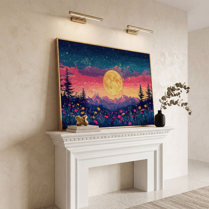 Mystical Nature Under Starry Sky Canvas Print in white oak floating frame