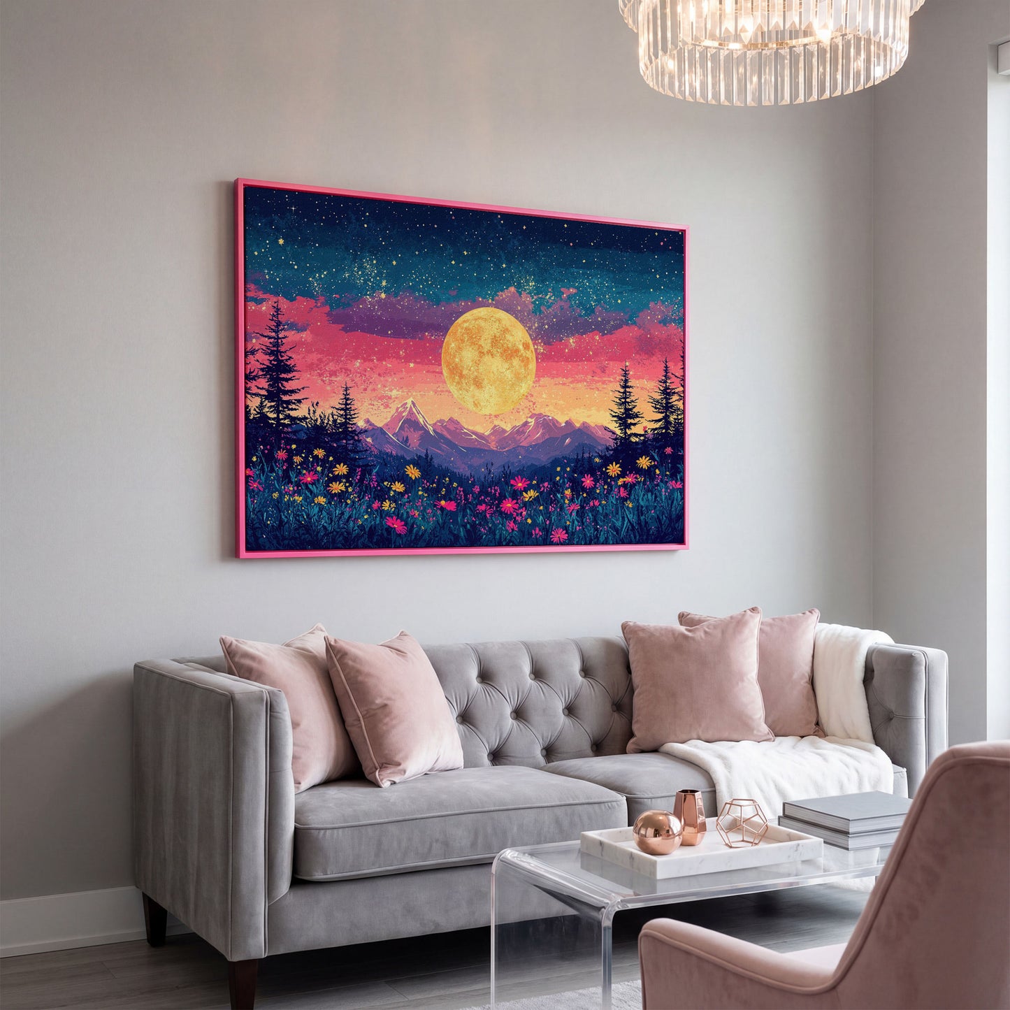 Mystical Nature Under Starry Sky Canvas Print in pink floating frame