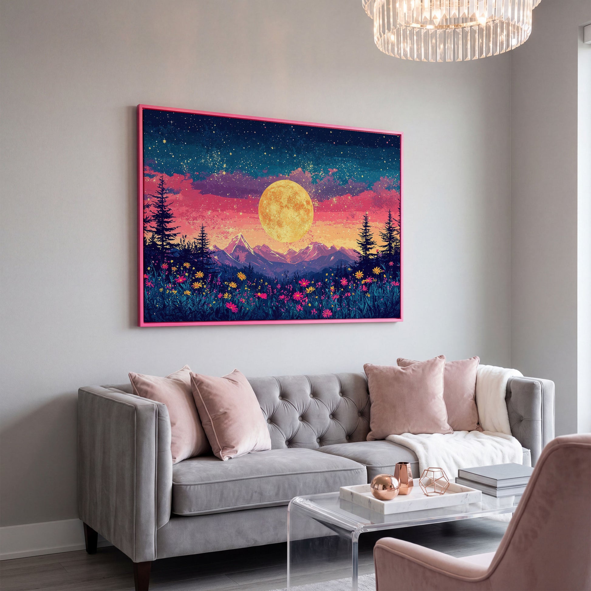 Mystical Nature Under Starry Sky Canvas Print in pink floating frame