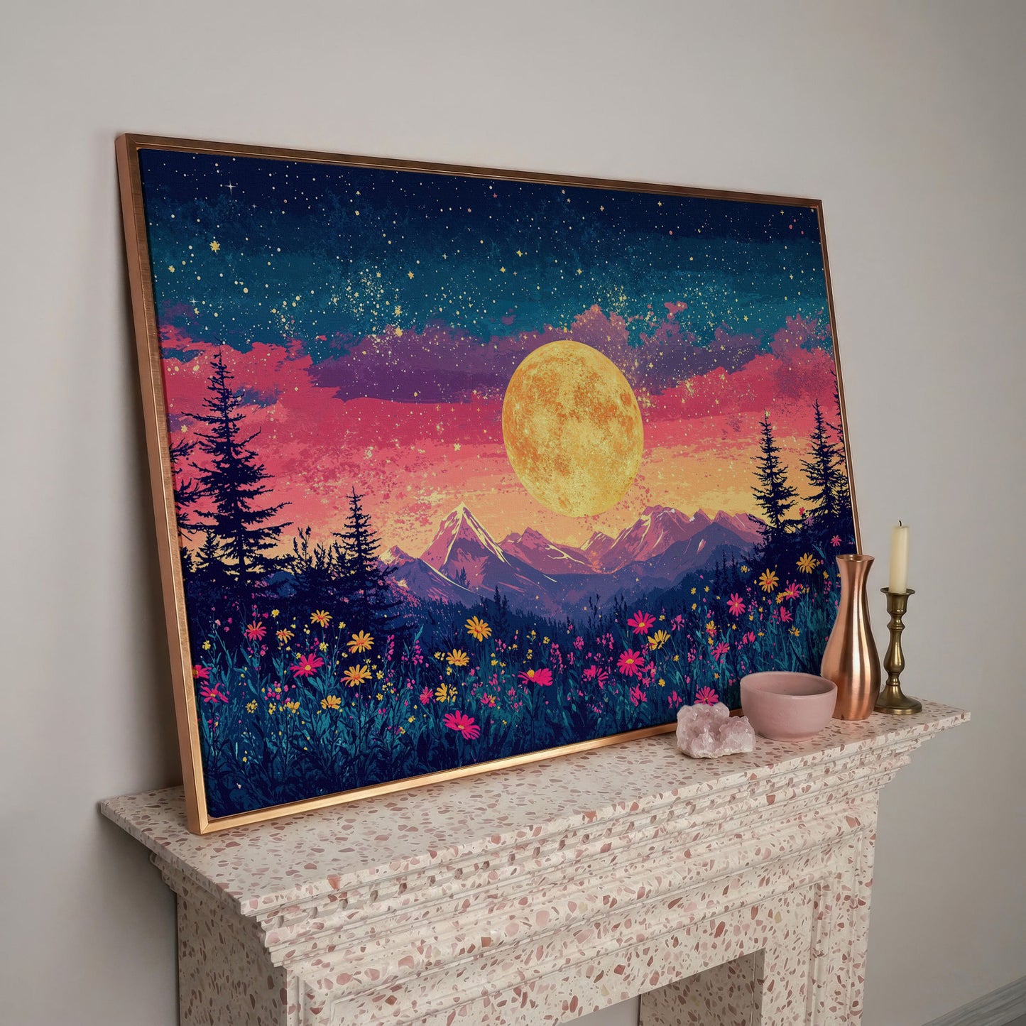 Mystical Nature Under Starry Sky Canvas Print in rose gold floating frame