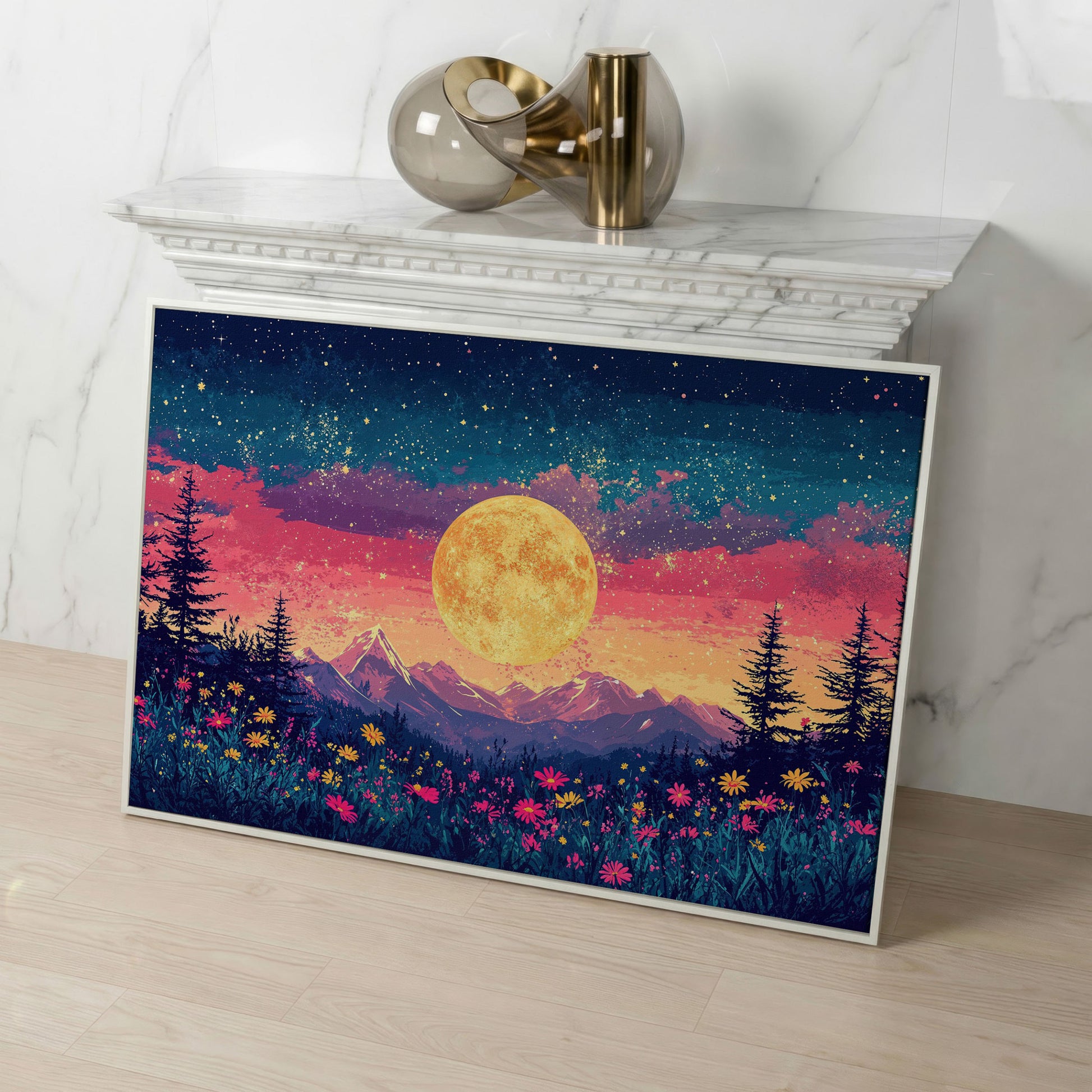 Mystical Nature Under Starry Sky Canvas Print in white floating frame
