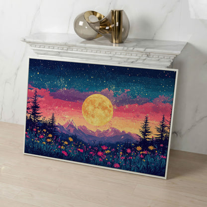 Mystical Nature Under Starry Sky Canvas Print in white floating frame