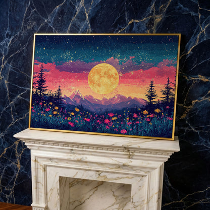 Mystical Nature Under Starry Sky Canvas Print in yellow gold floating frame