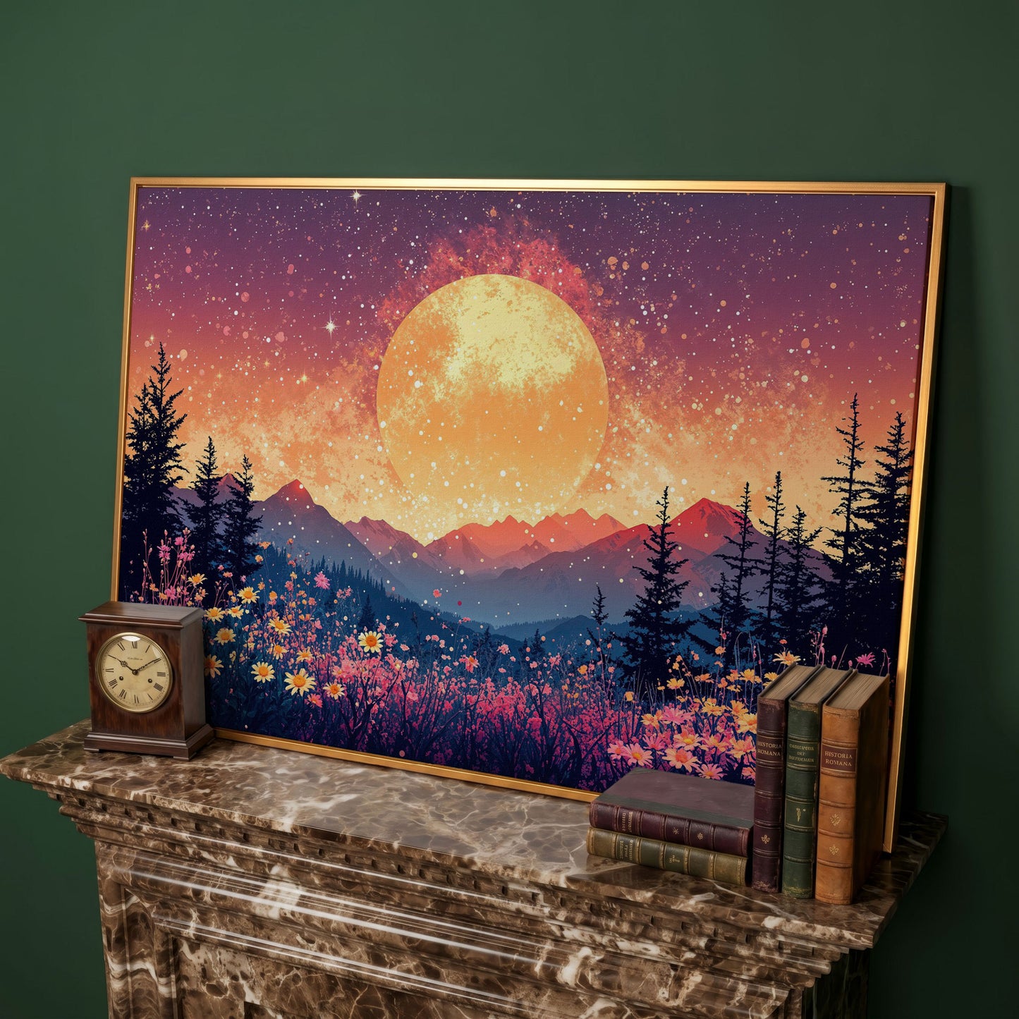 Moonlit Mountain with Pink Wildflowers Canvas in antique gold floating frame