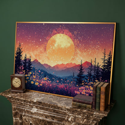 Moonlit Mountain with Pink Wildflowers Canvas in antique gold floating frame