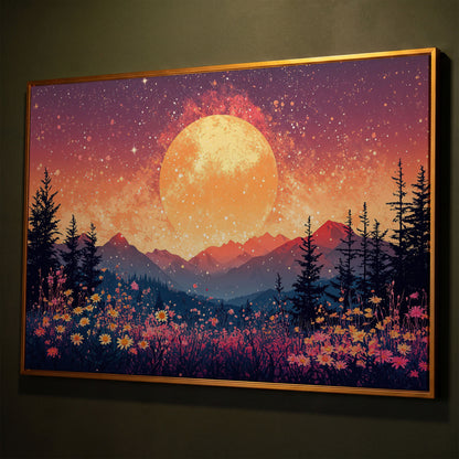 Moonlit Mountain with Pink Wildflowers Canvas shown in antique gold floating frame