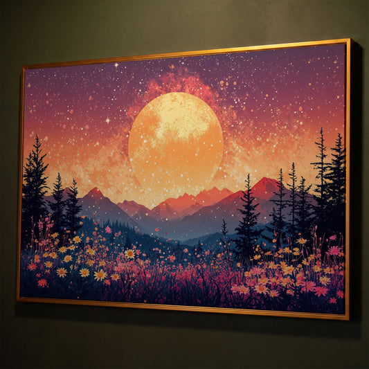 Moonlit Mountain with Pink Wildflowers Canvas shown in antique gold floating frame