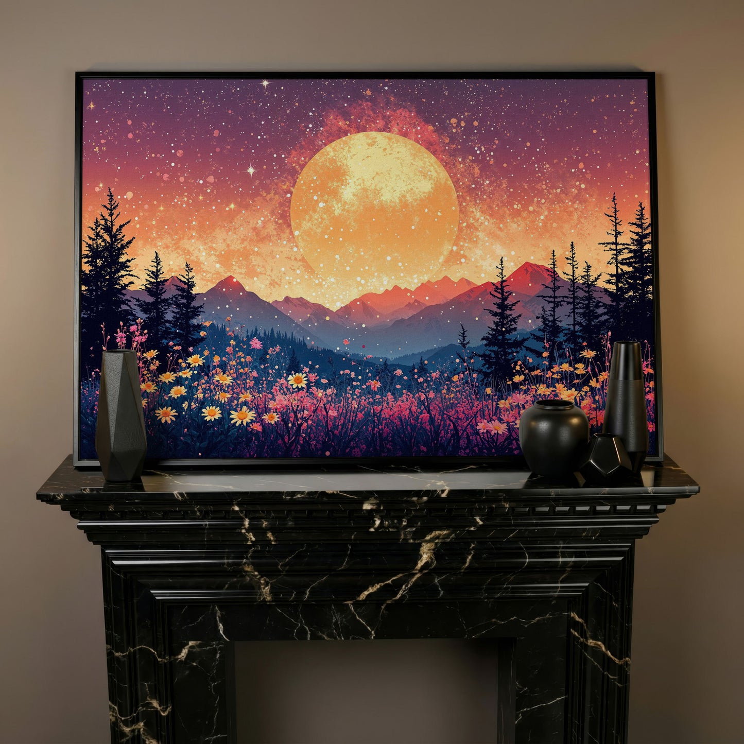 Moonlit Mountain with Pink Wildflowers Canvas in black floating frame