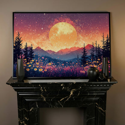 Moonlit Mountain with Pink Wildflowers Canvas in black floating frame
