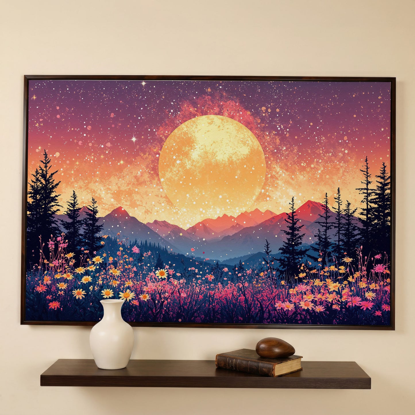 Moonlit Mountain with Pink Wildflowers Canvas in dark walnut floating frame