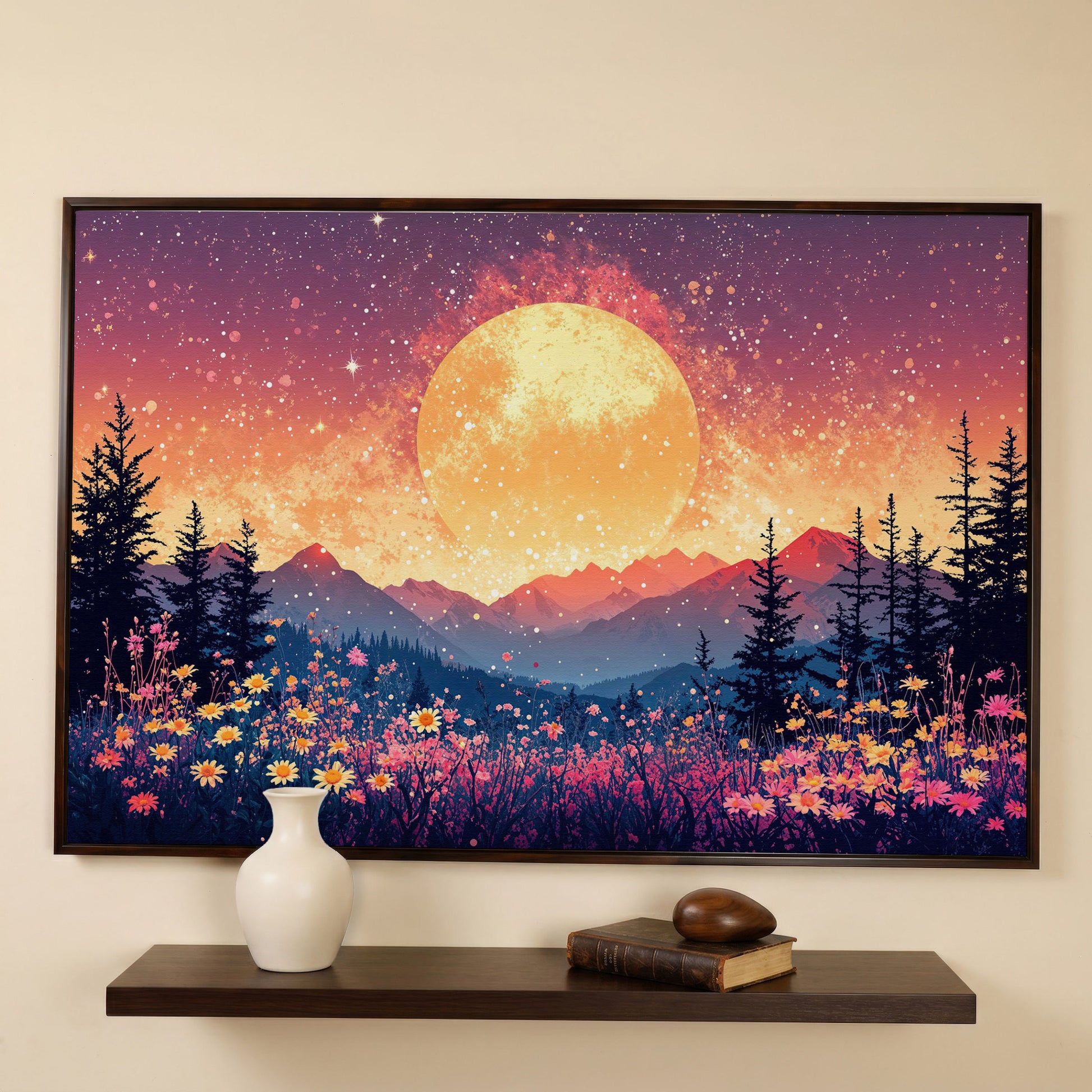 Moonlit Mountain with Pink Wildflowers Canvas in dark walnut floating frame