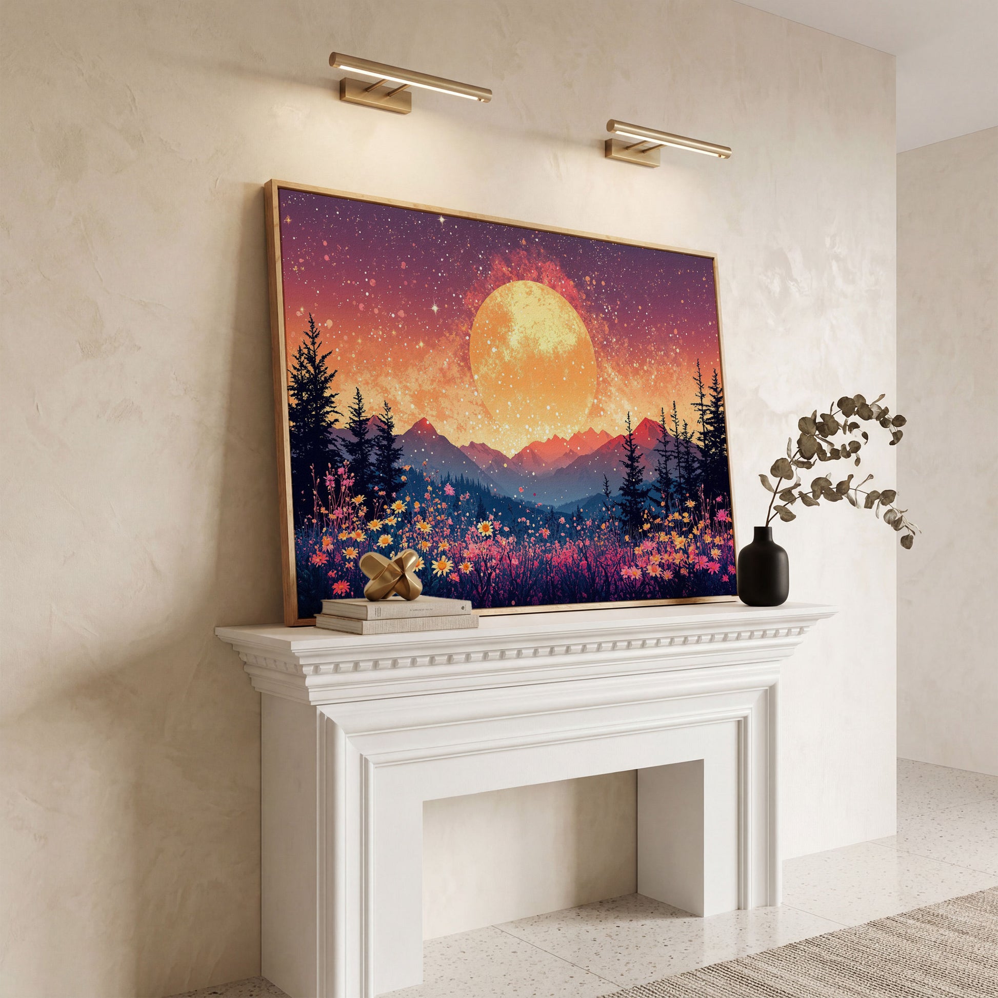 Moonlit Mountain with Pink Wildflowers Canvas in white oak floating frame