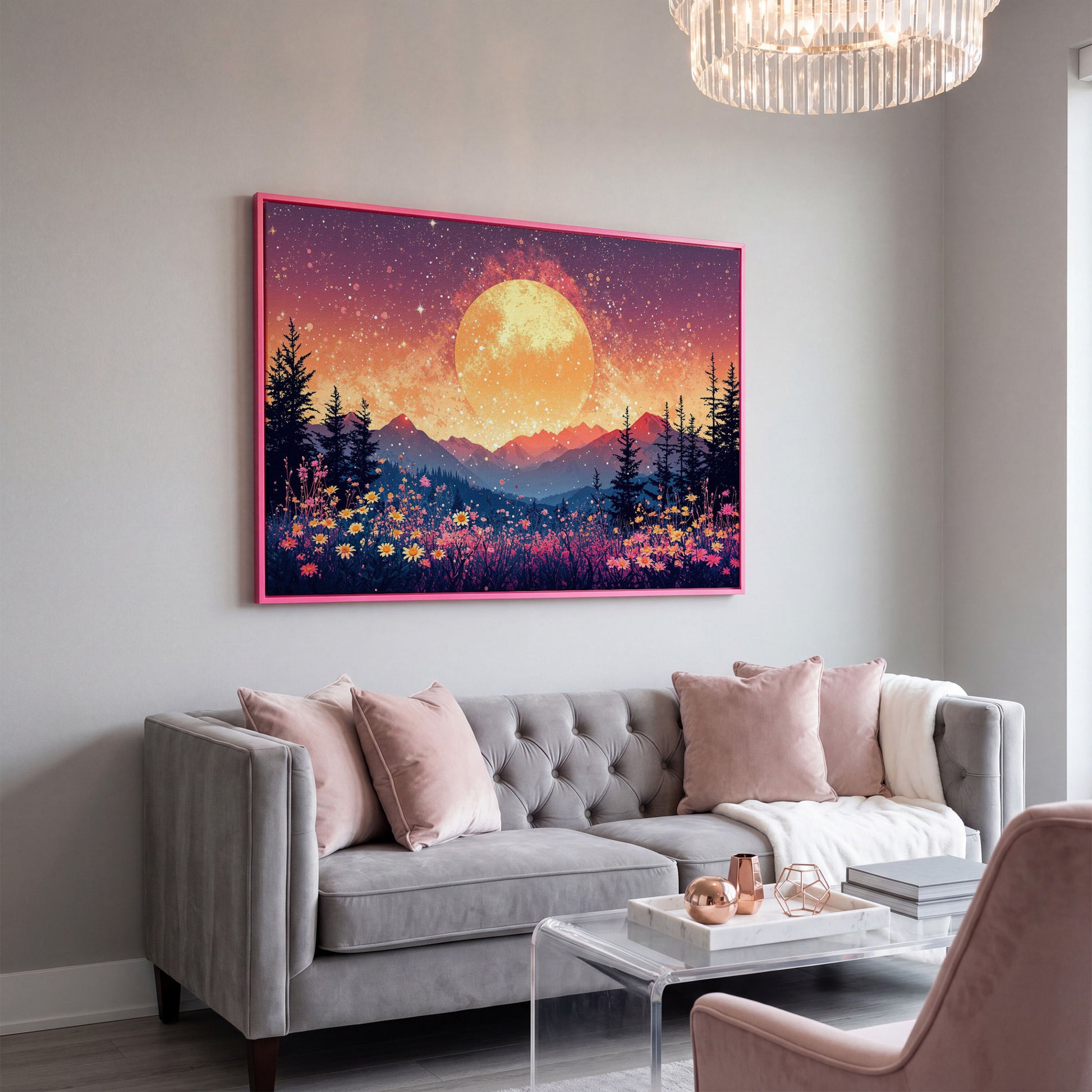 Moonlit Mountain with Pink Wildflowers Canvas in pink floating frame