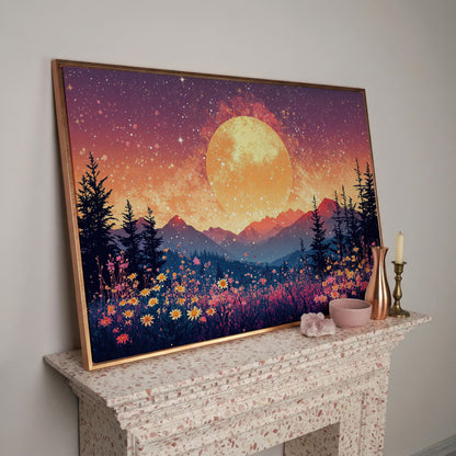 Moonlit Mountain with Pink Wildflowers Canvas in rose gold floating frame