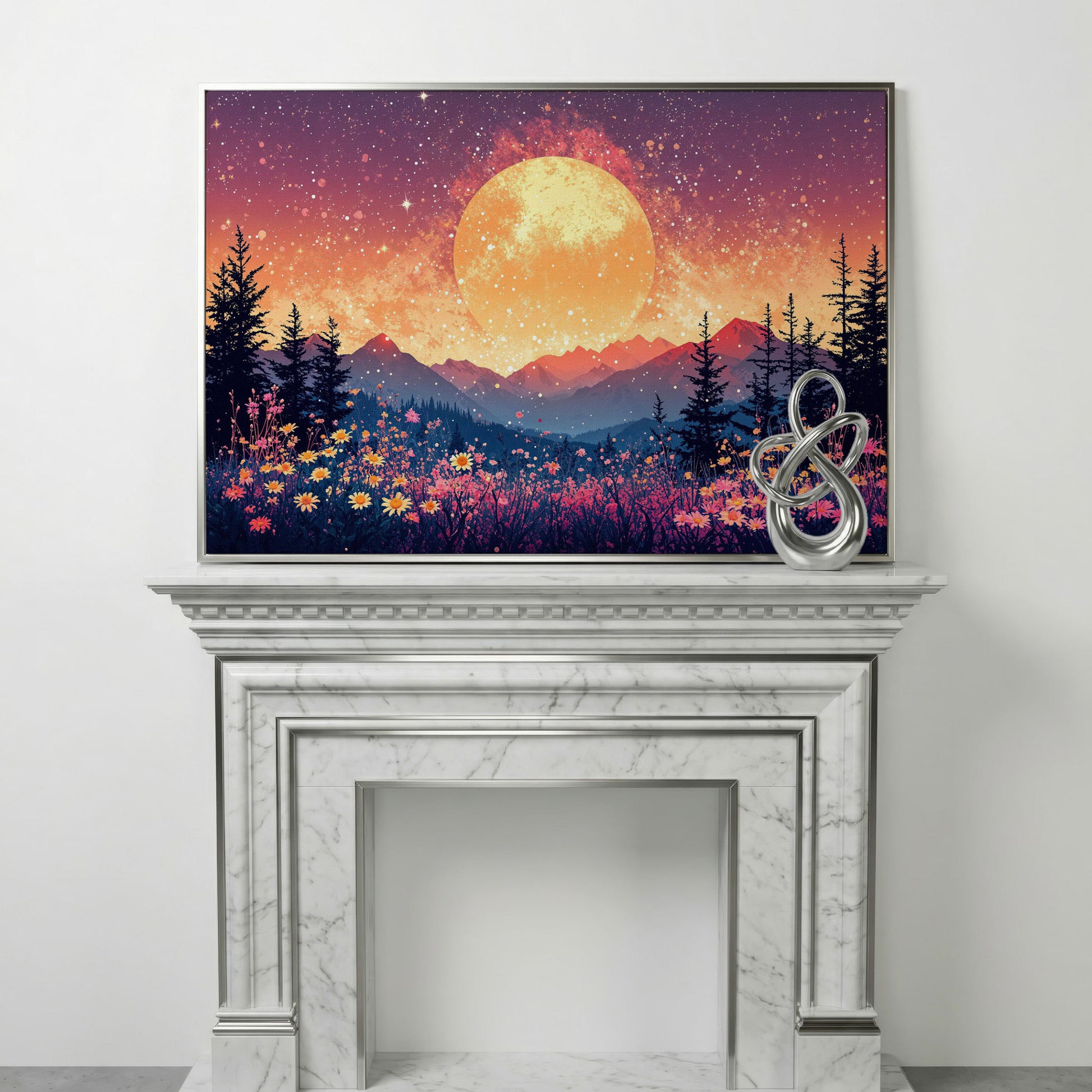 Moonlit Mountain with Pink Wildflowers Canvas in silver floating frame