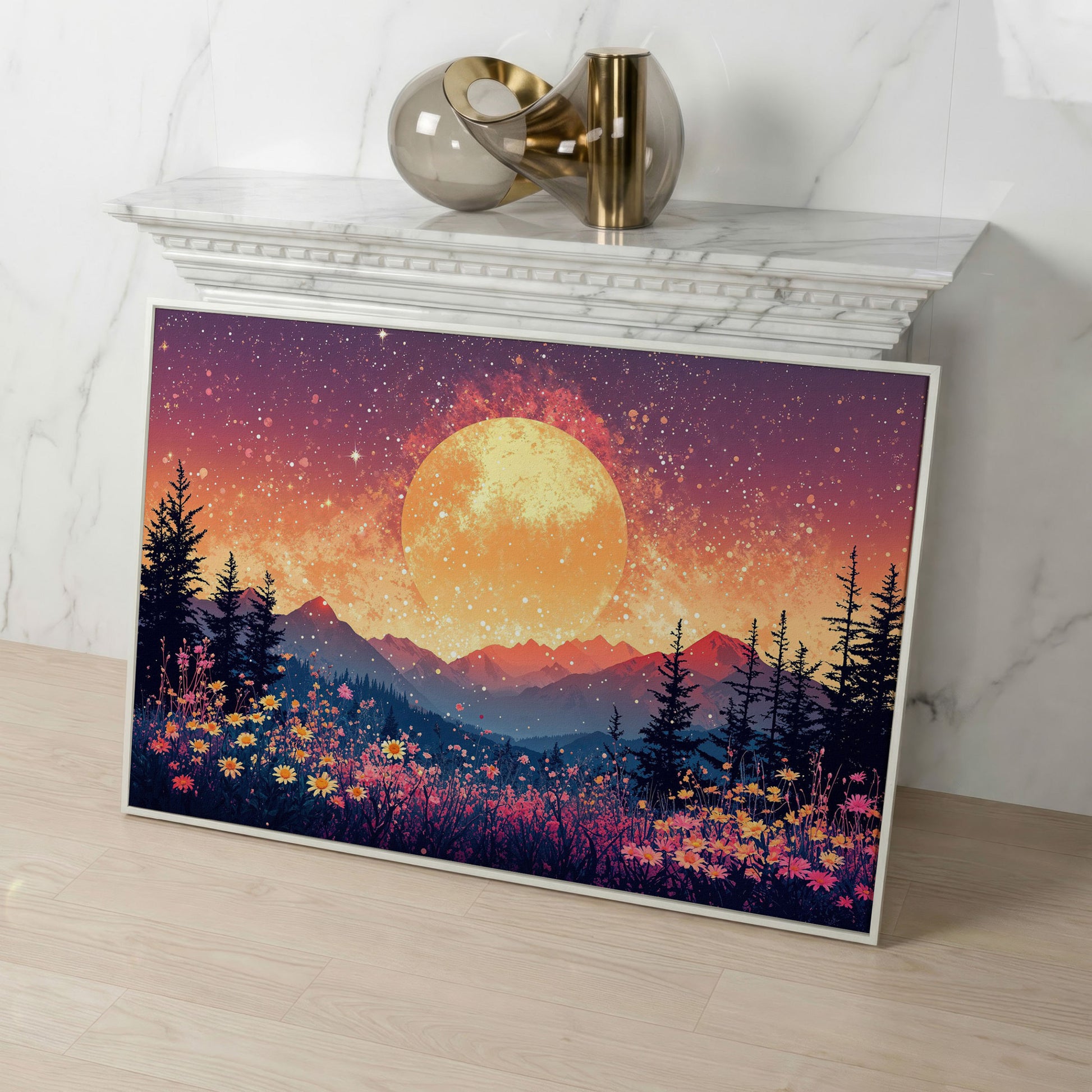 Moonlit Mountain with Pink Wildflowers Canvas in white floating frame