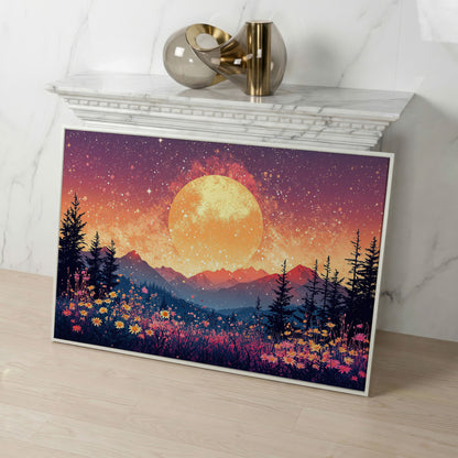 Moonlit Mountain with Pink Wildflowers Canvas in white floating frame