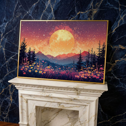 Moonlit Mountain with Pink Wildflowers Canvas in yellow gold floating frame