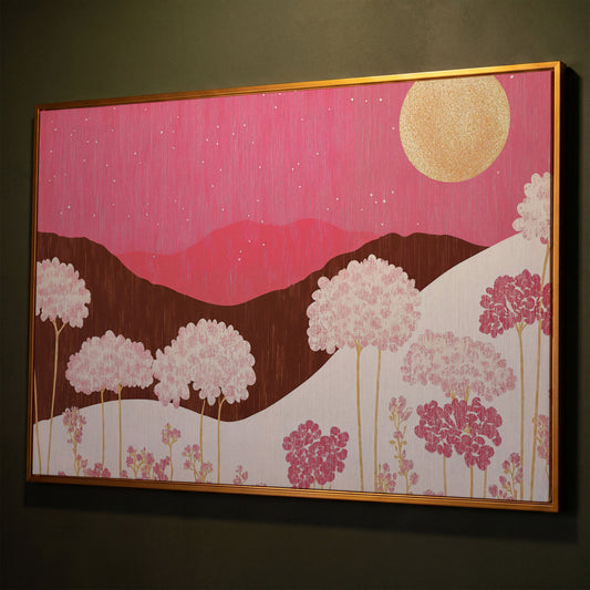 Pastel Floral Landscape Canvas Print shown in antique gold floating frame
