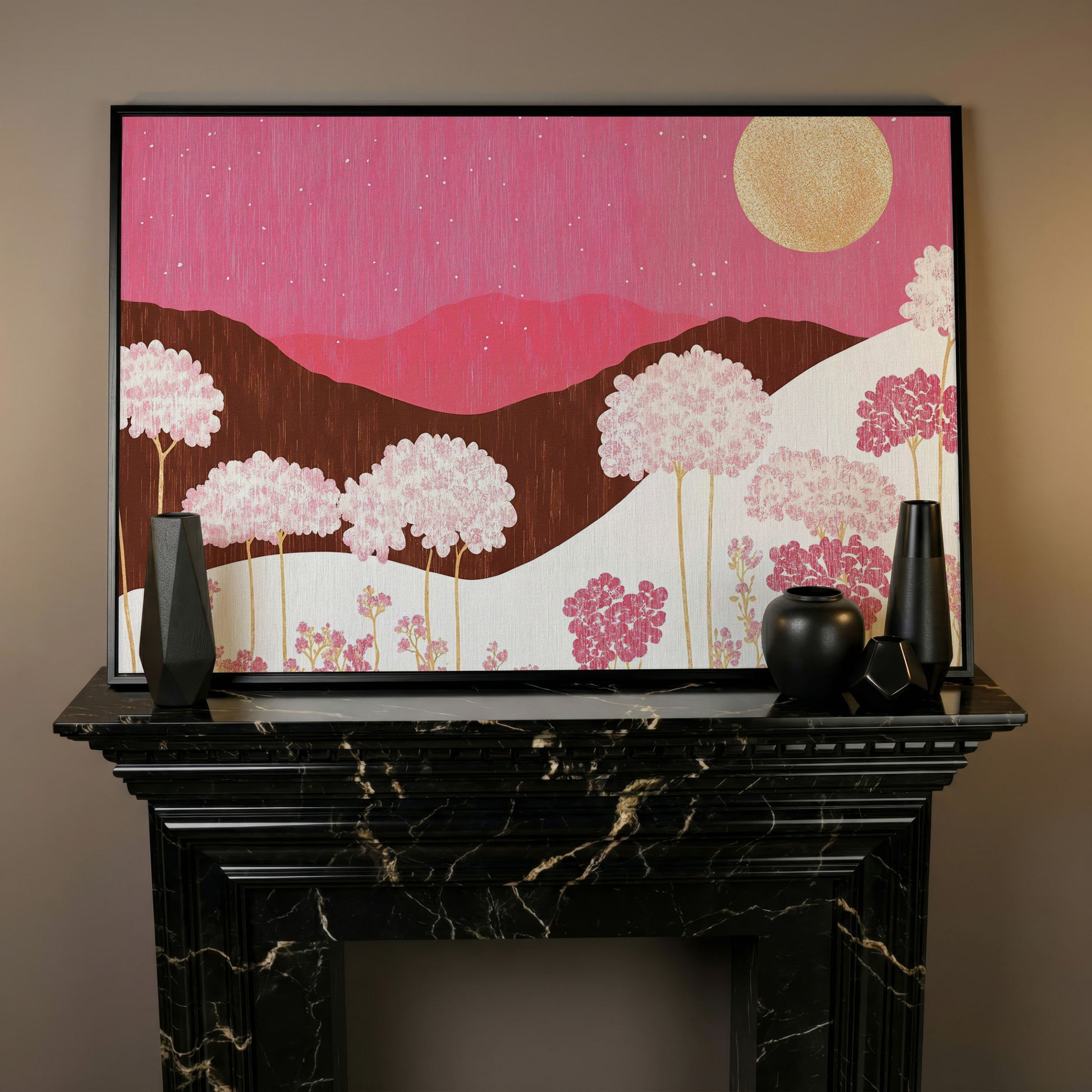 Pastel Floral Landscape Canvas Print in black floating frame