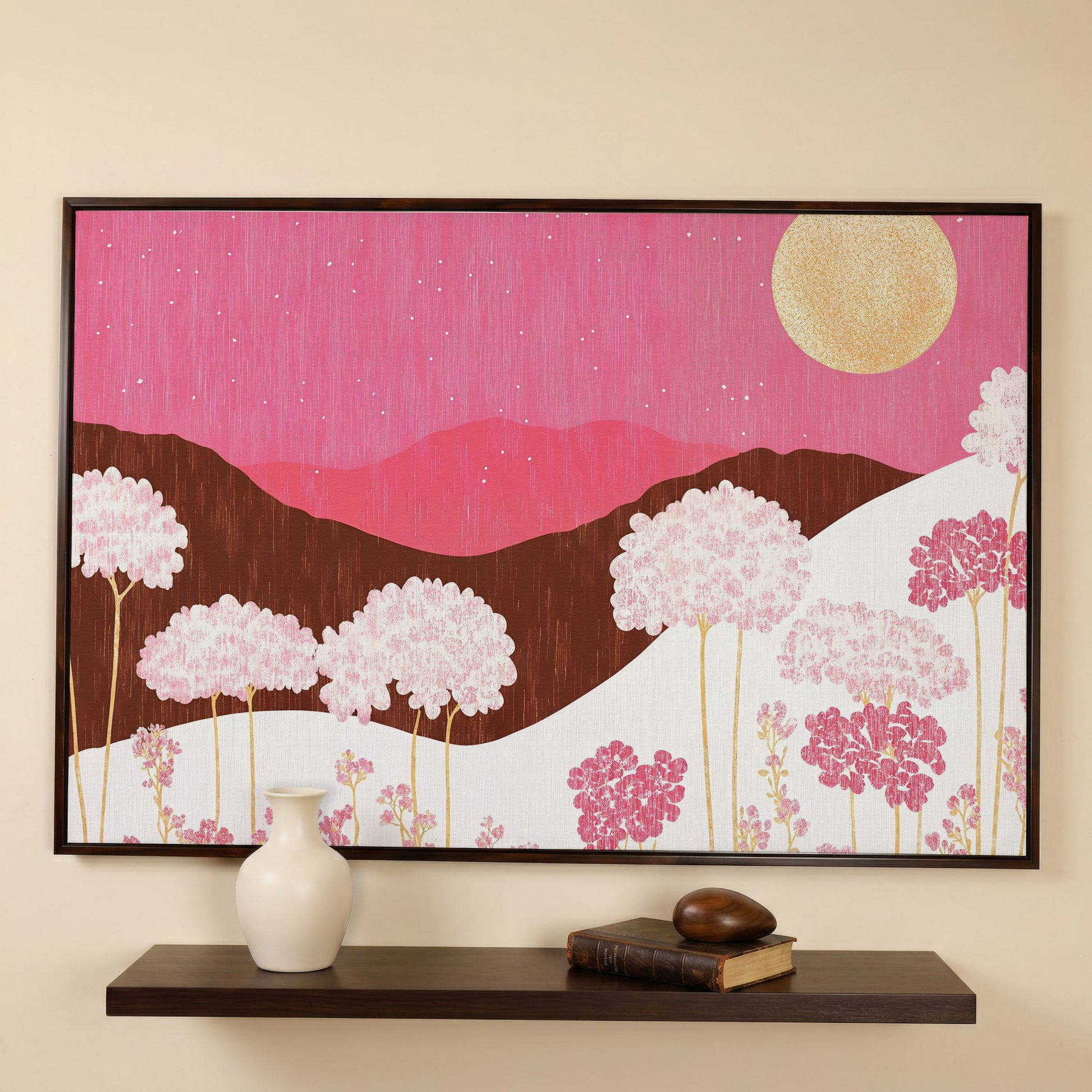 Pastel Floral Landscape Canvas Print in dark walnut floating frame