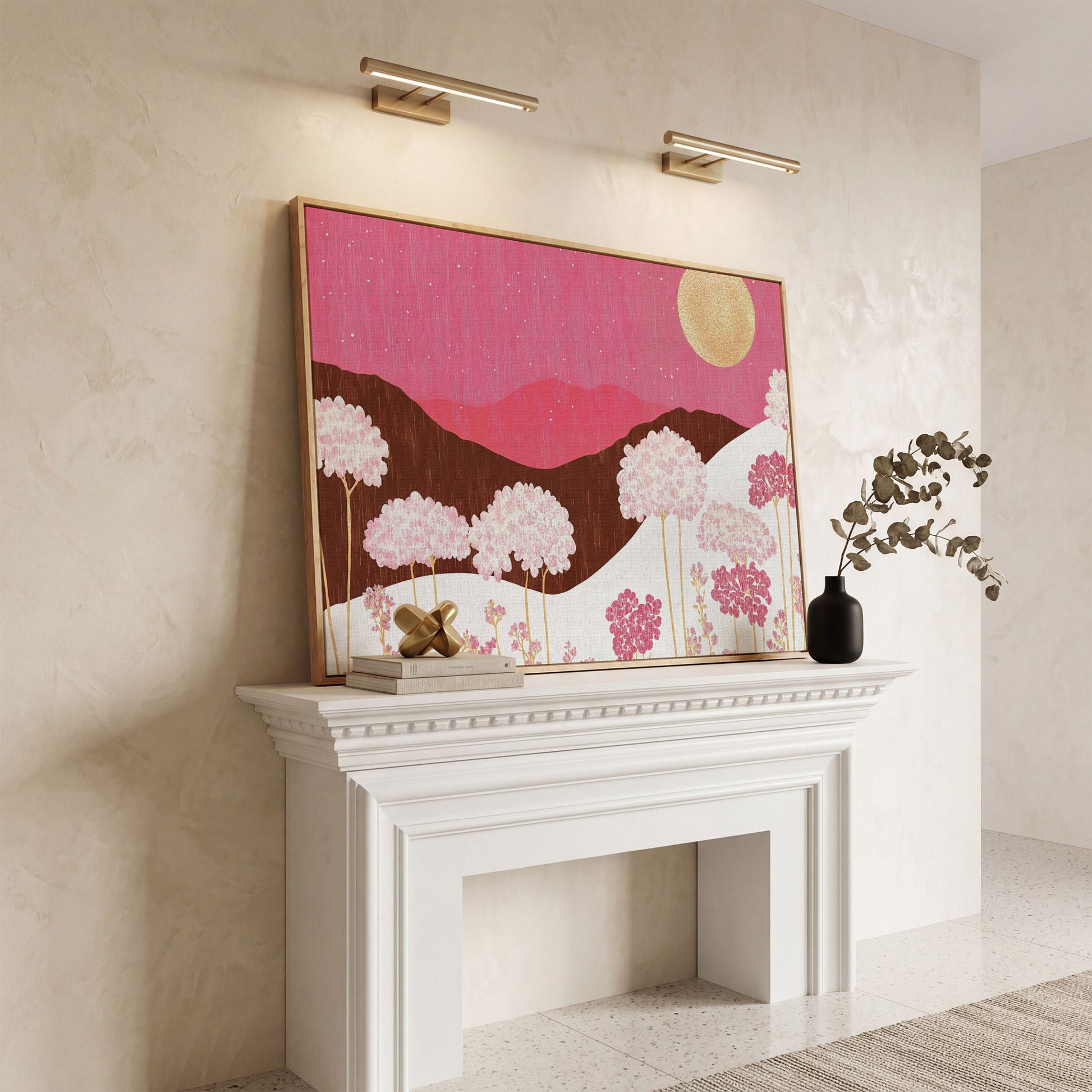 Pastel Floral Landscape Canvas Print in white oak floating frame