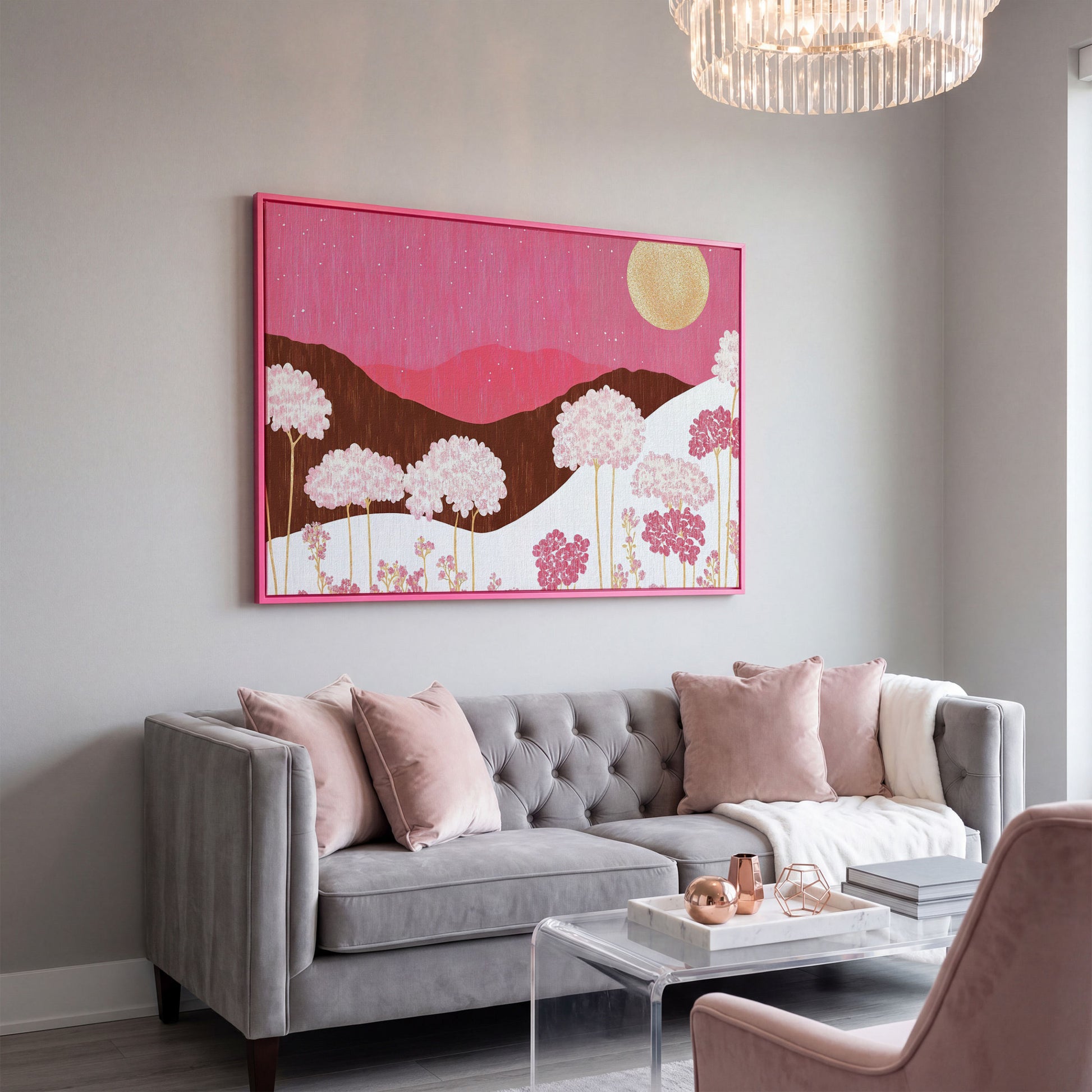 Pastel Floral Landscape Canvas Print in pink floating frame