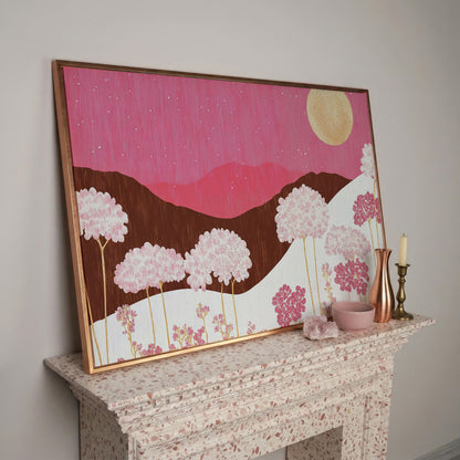 Pastel Floral Landscape Canvas Print in rose gold floating frame