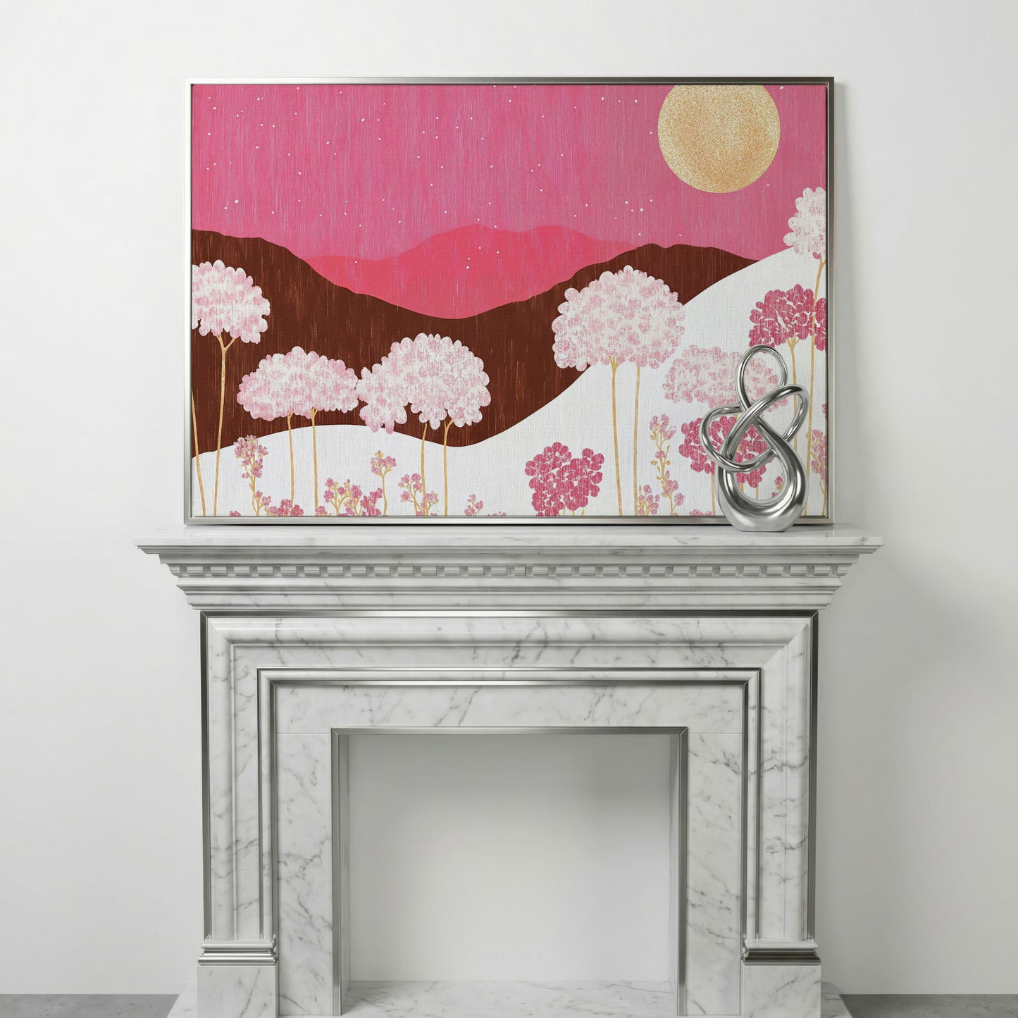 Pastel Floral Landscape Canvas Print in silver floating frame