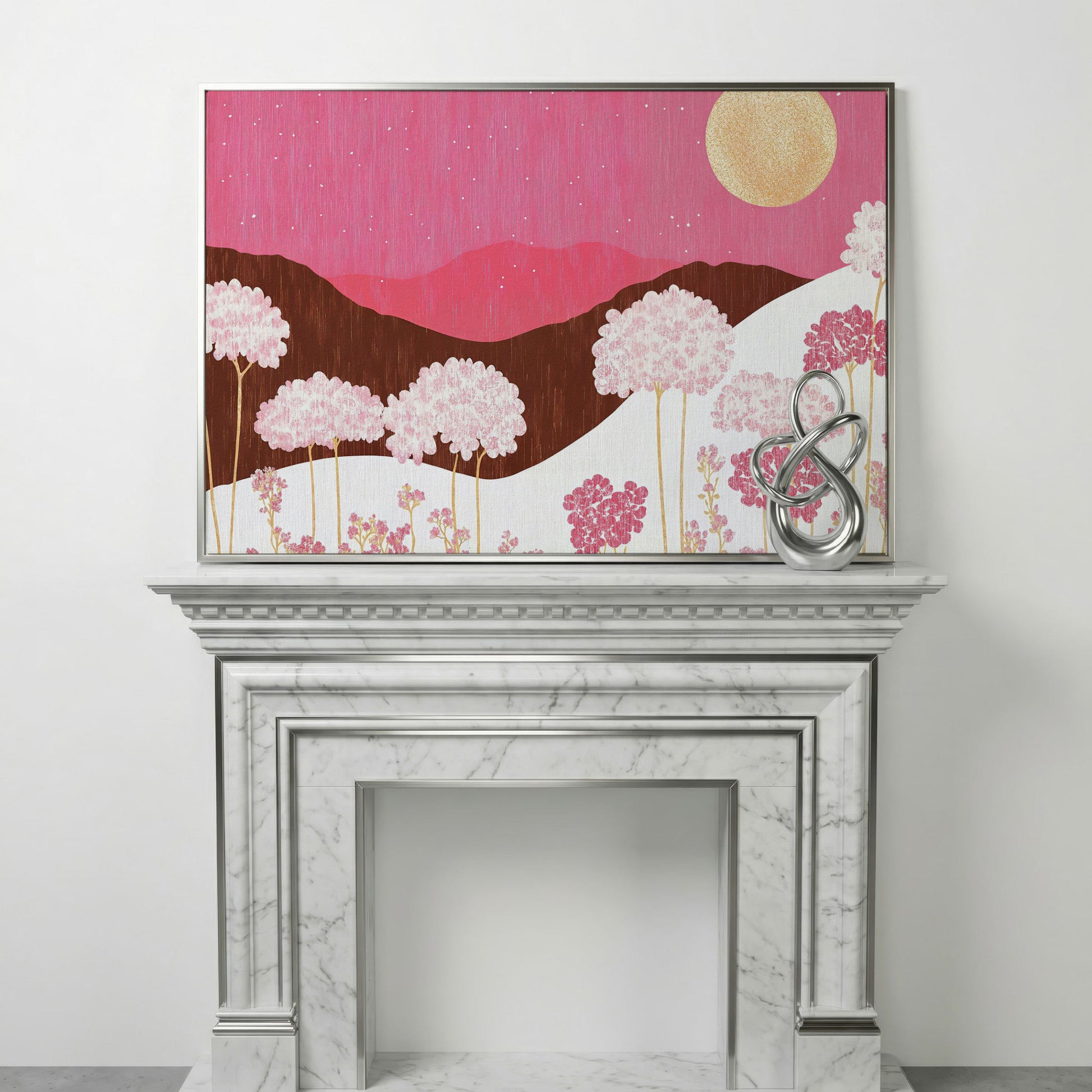 Pastel Floral Landscape Canvas Print in silver floating frame