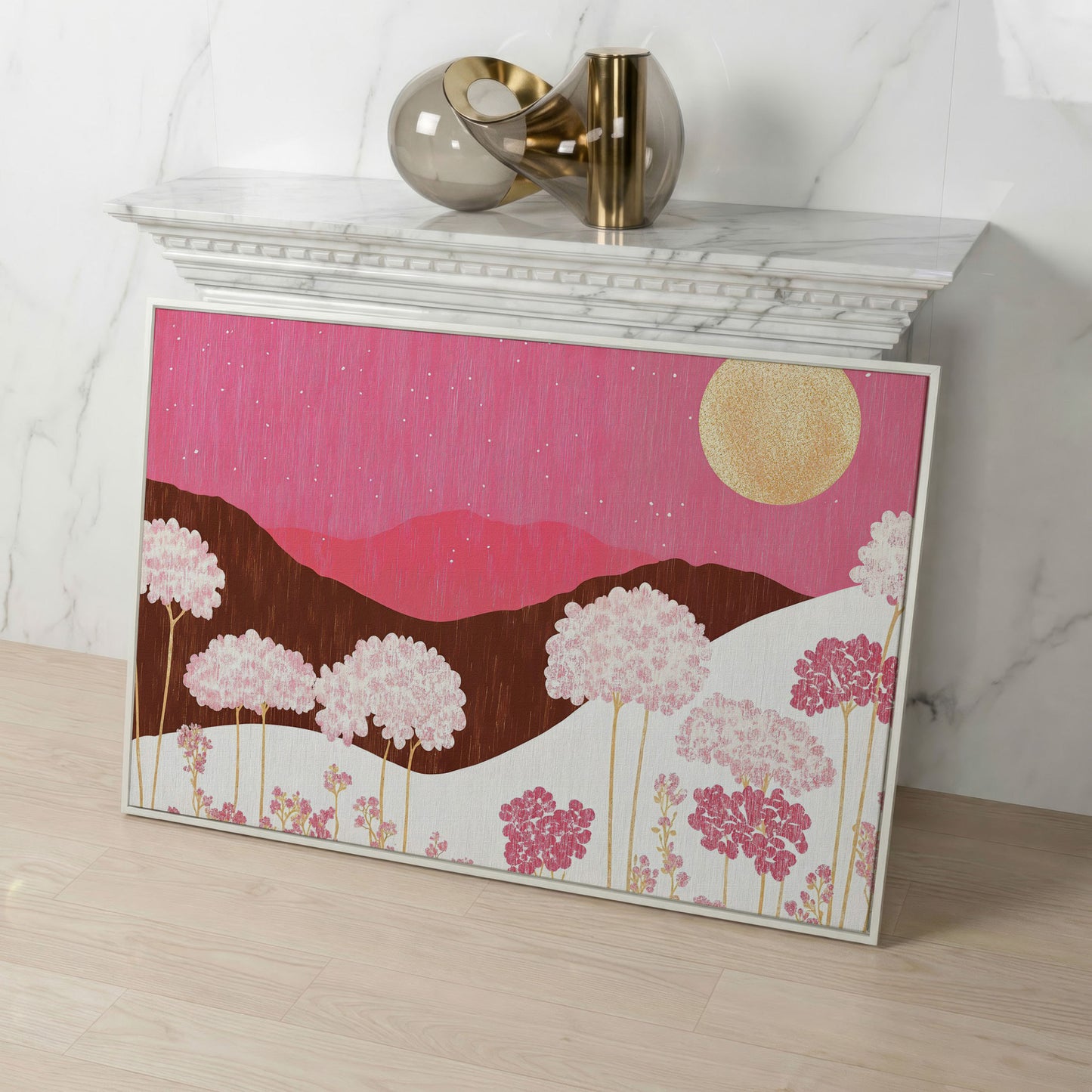 Pastel Floral Landscape Canvas Print in white floating frame