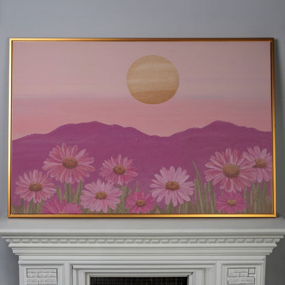Pink Daisy Field at Sunset Canvas Art in antique gold floating frame