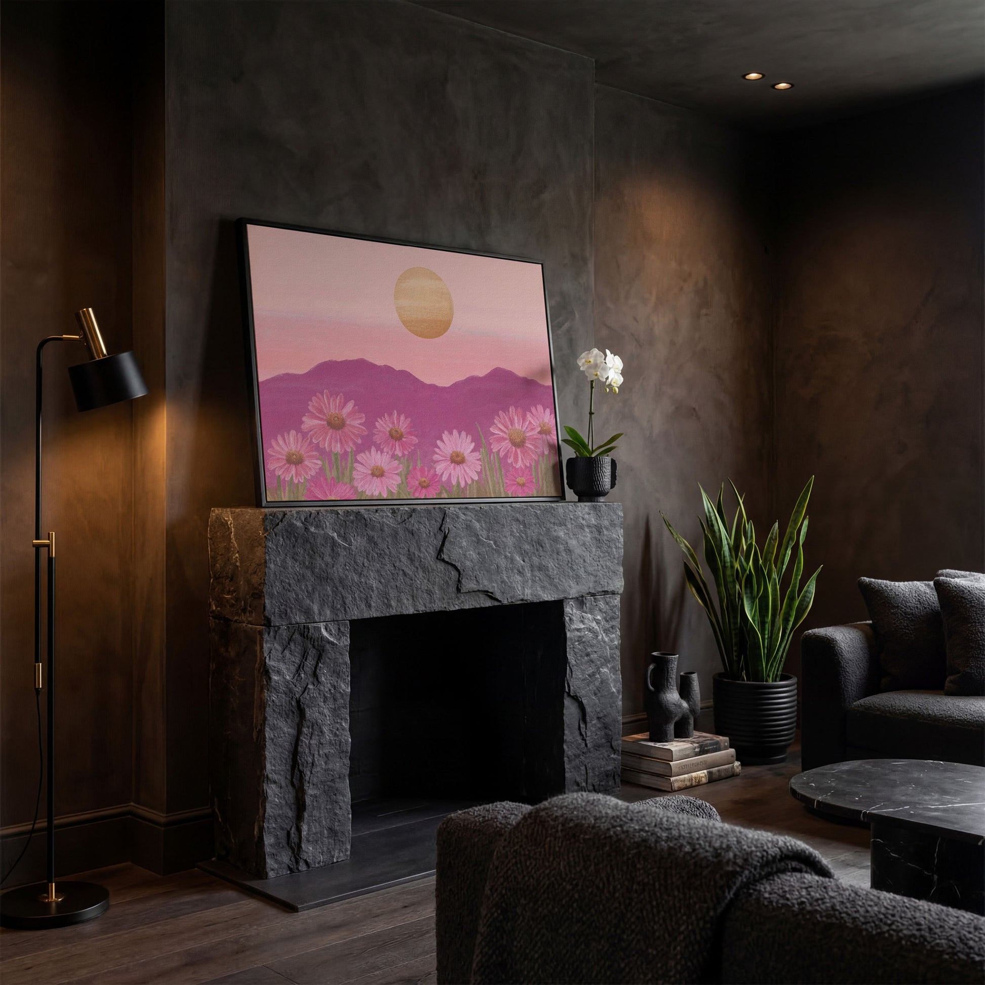 Pink Daisy Field at Sunset Canvas Art in black floating frame