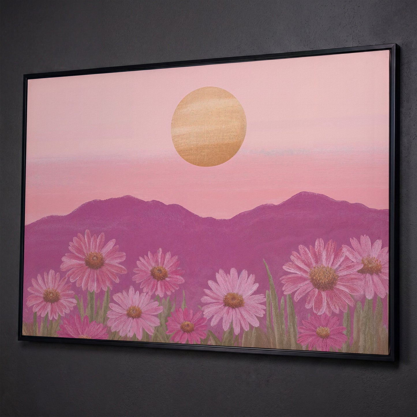 Pink Daisy Field at Sunset Canvas Art shown in black floating frame