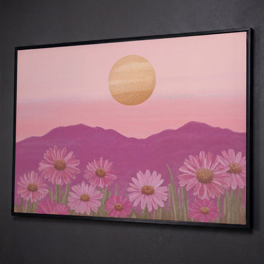 Pink Daisy Field at Sunset Canvas Art shown in black floating frame