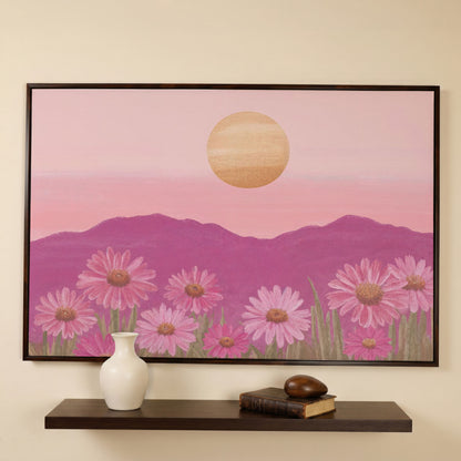 Pink Daisy Field at Sunset Canvas Art in dark walnut floating frame