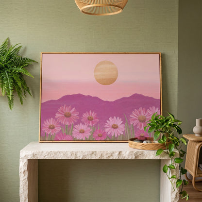 Pink Daisy Field at Sunset Canvas Art in white oak floating frame