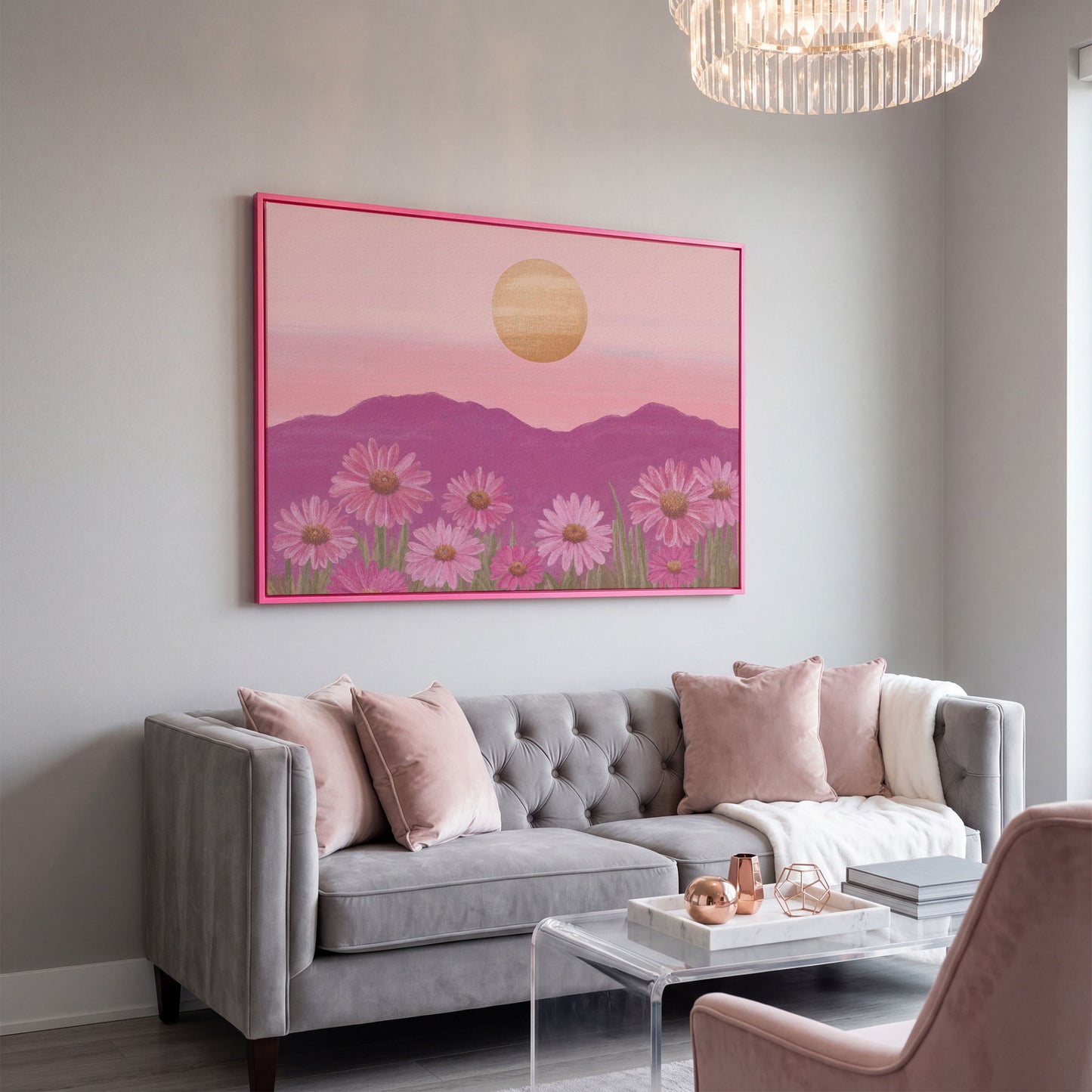Pink Daisy Field at Sunset Canvas Art in pink floating frame